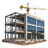 A steel-framed commercial building under construction with a tower crane
