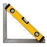 A yellow spirit level resting across a steel framing square