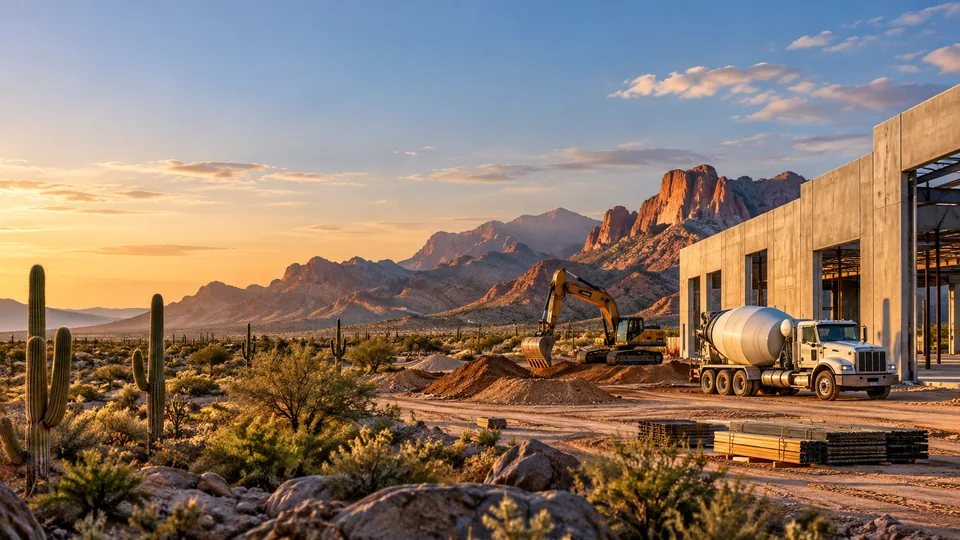 A concrete commercial building going up in the Arizona desert at sunset, an excavator and a ready-mix truck on site, saguaro cactus and red rock mountains beyond