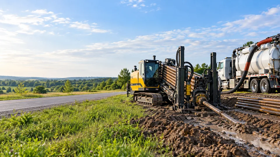 A horizontal directional drilling rig set up on a roadside verge with drill pipe and a vacuum truck alongside