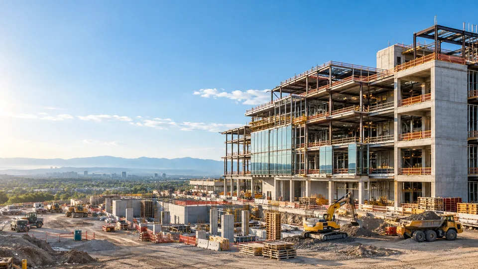 A mid-rise commercial building going up in structural steel and glass, with foundations and formwork still in progress across the site