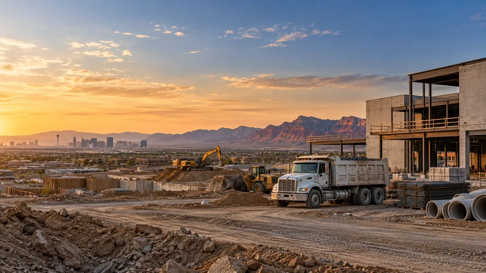 A concrete and steel building under construction at dusk with a dump truck, loader and excavator on site, the Las Vegas skyline and the Red Rock escarpment beyond