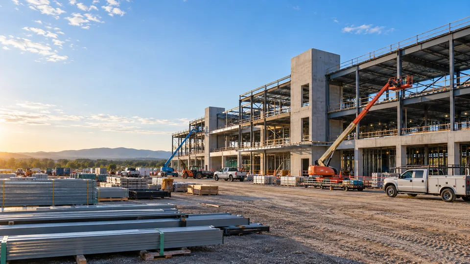A commercial building under construction at sunrise, its steel frame and concrete cores up, two boom lifts working and framing stacked below