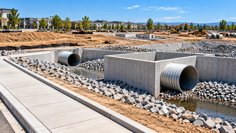 A stormwater drainage system under construction: cast concrete headwalls, corrugated metal culverts, rock-lined channels and a detention basin holding water