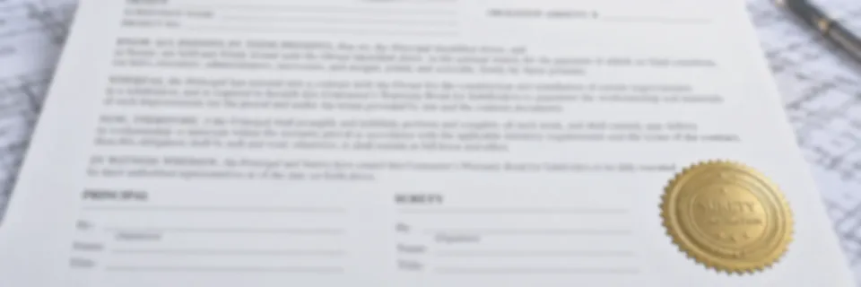 A contractor’s warranty bond for subdividers on a desk with subdivision drawings and a gold surety seal, a street of newly built houses behind it