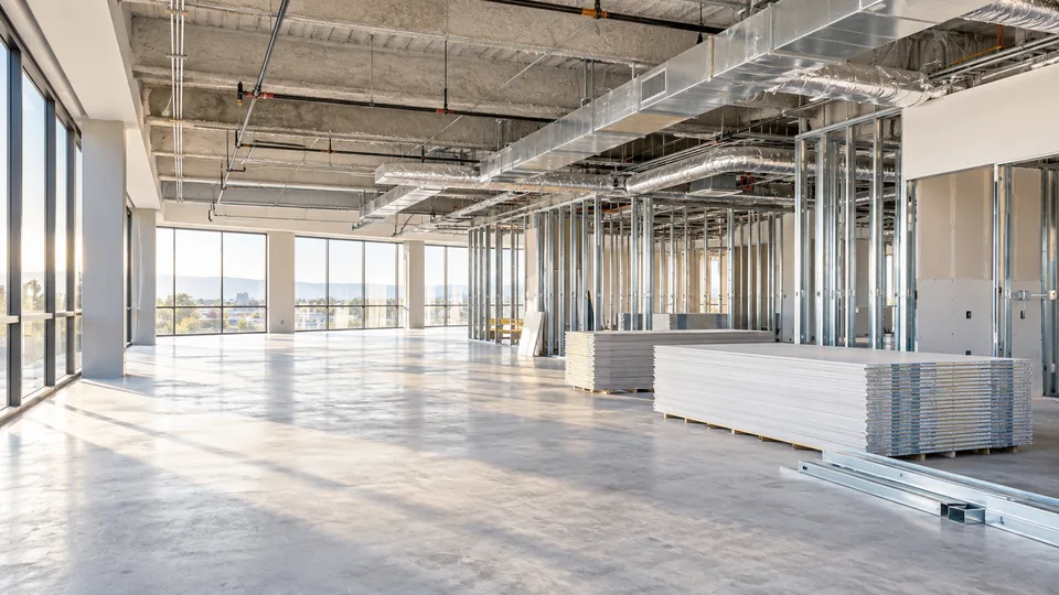 A tenant improvement in progress inside an office floor: metal stud partitions, exposed ductwork overhead and pallets of drywall waiting to be hung