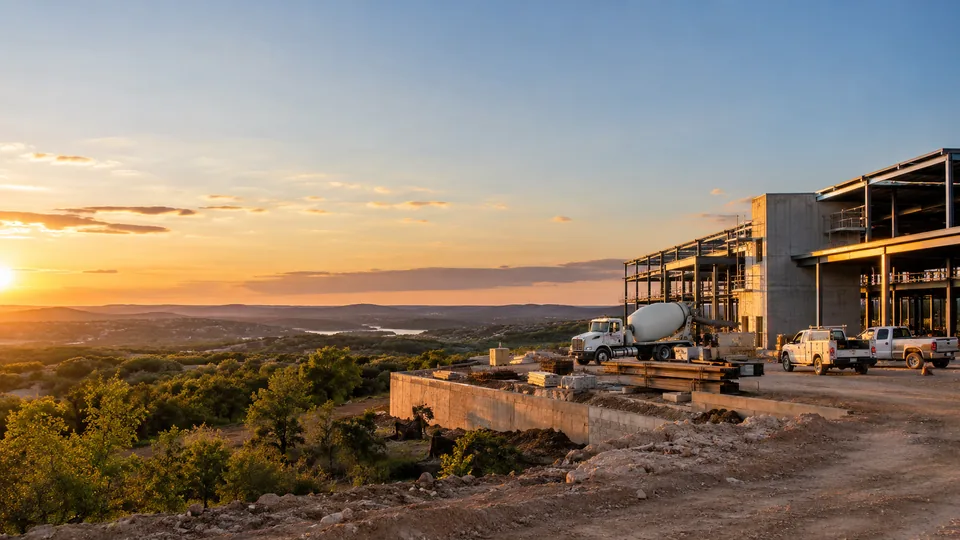 A steel and concrete building under construction on a Texas hillside at sunset, a ready-mix truck and pickups on the pad above the Hill Country