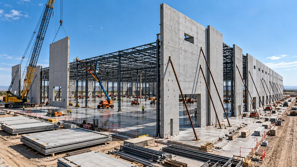 A tilt-up industrial building under construction: a crawler crane setting a concrete wall panel, braced panels along the elevation, long-span steel joists over a finished slab