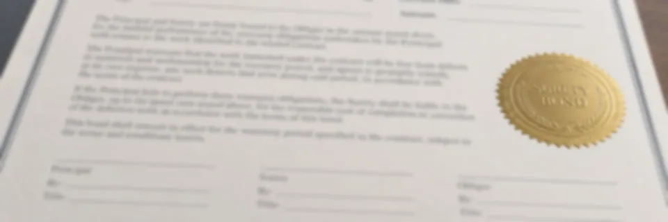 A warranty bond form on a leather desk pad with a gold surety seal, a newly built residential street behind it