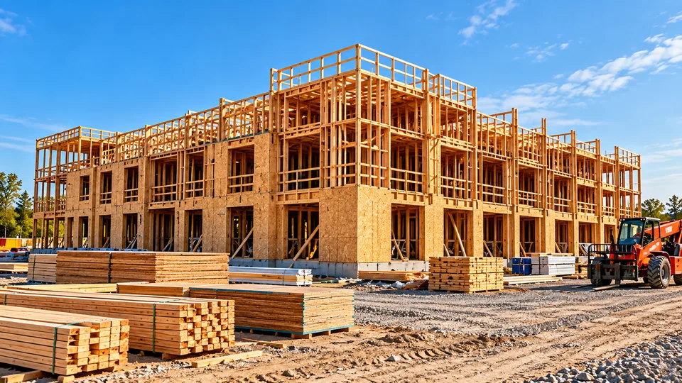 A multi-story wood-framed building under construction, open to weather, with sheathed walls, stacked lumber on the pad and a telehandler alongside