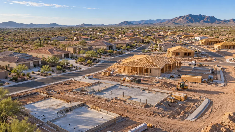 An Arizona desert subdivision taking shape, with formed foundations and a framed home beside finished stucco and tile homes, saguaro cactus and mountains behind