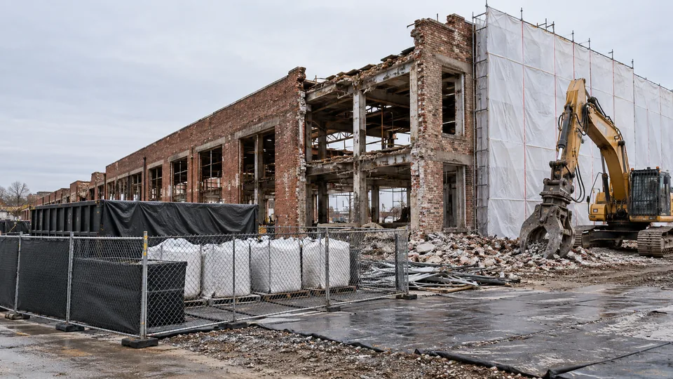 Demolition of an old brick industrial building with a shear-equipped excavator, sheeted scaffolding, fenced debris bags and roll-off containers
