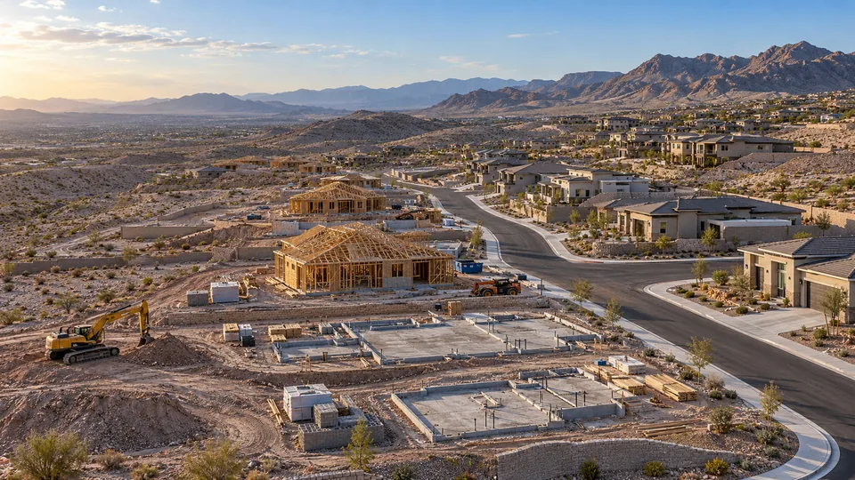 A Mojave Desert hillside neighborhood near Las Vegas taking shape, with an excavator, block walls and formed slabs below framed homes and finished houses along a curving street