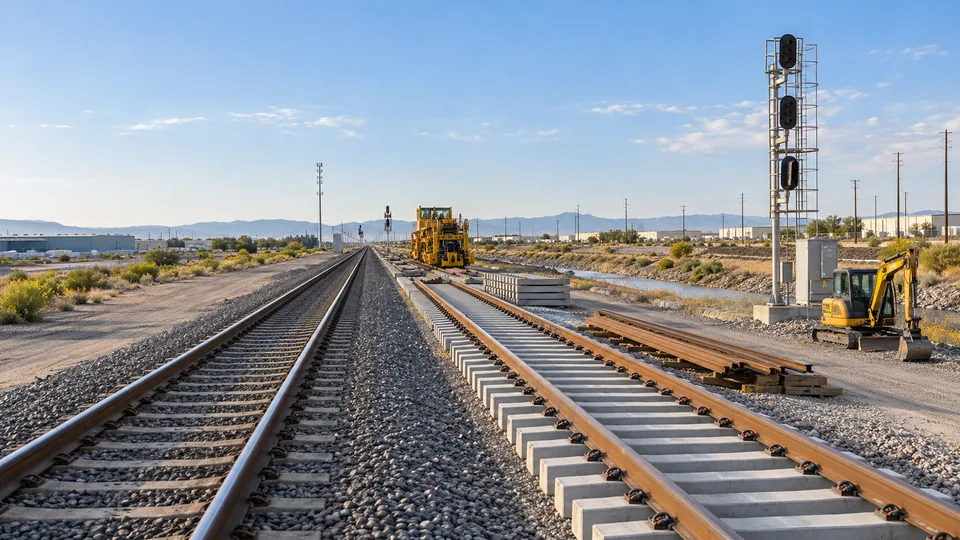 Railroad track renewal beside a mainline, with new concrete ties and rail, a track machine, signal masts and an excavator in the right-of-way