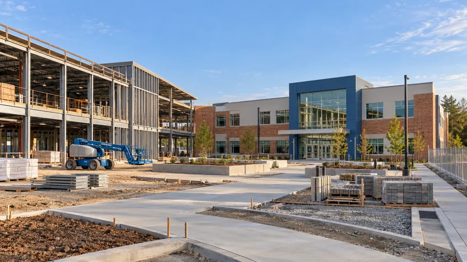 A new school campus under construction, with a finished classroom building beside a steel-framed wing, a boom lift and new walkways being formed