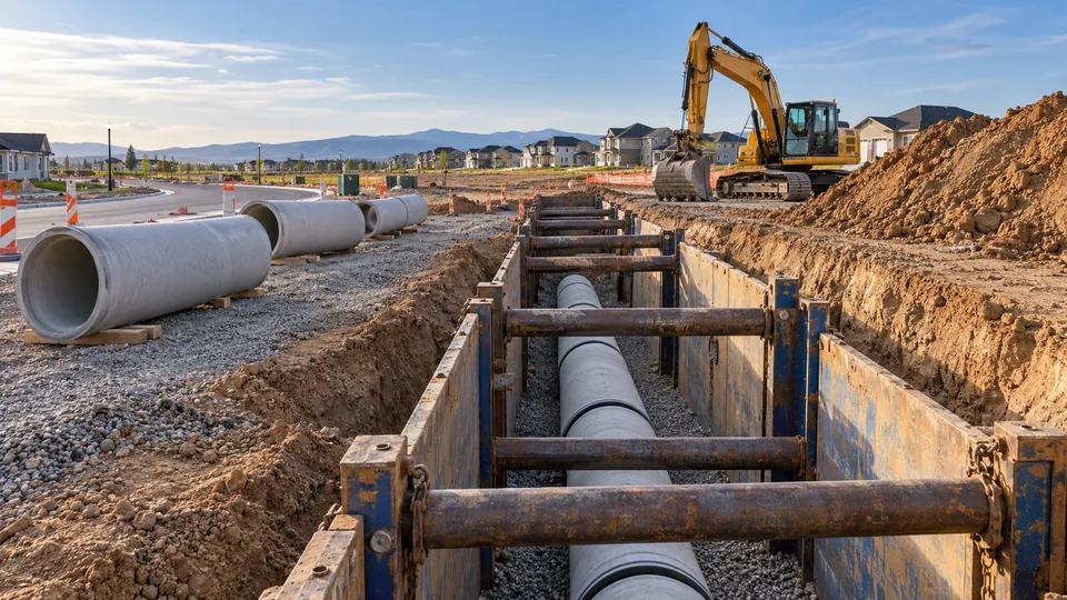 A shored sewer trench with steel trench boxes and cross braces over a laid pipe, concrete pipe sections staged and an excavator beside a new subdivision