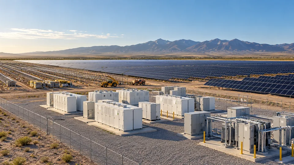 A utility-scale solar field under construction with battery storage enclosures and electrical equipment on a fenced gravel pad below desert mountains