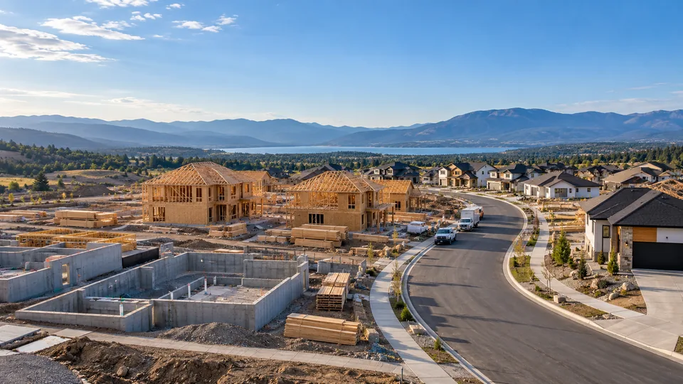 Aerial view of a residential subdivision under construction, with foundations, wood-framed homes, lumber stacks and a finished street of homes near a lake and mountains