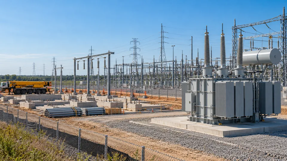 A utility substation expansion under construction, with a large power transformer, steel bus structures, new concrete foundations and a mobile crane