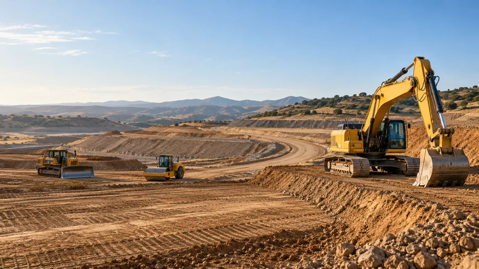 A large earthwork and grading site in the hills with an excavator, a dozer and a compactor shaping terraced pads and a haul road