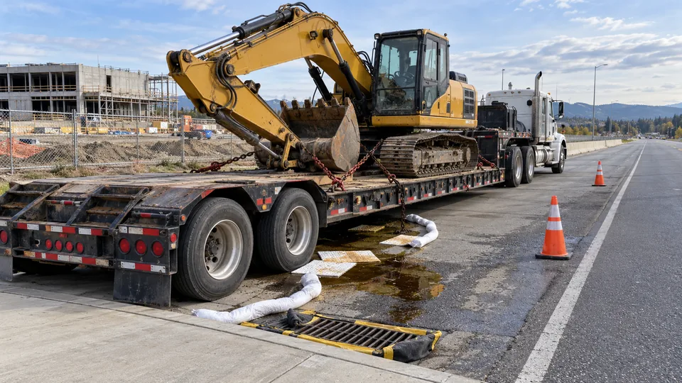 An excavator chained on a lowboy trailer at the curb, with a fluid leak contained by absorbent booms and pads before it reaches a covered storm drain