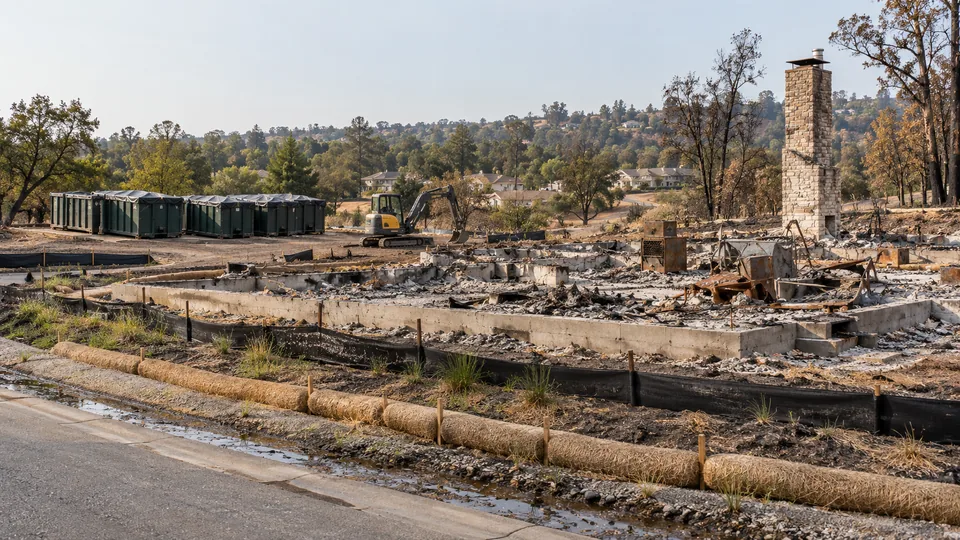 Wildfire debris and ash cleanup on a burned home site, with a standing chimney, covered roll-off bins, a mini excavator and straw wattles along the street